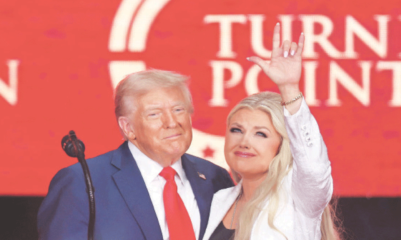 Glendale (Arizona): President Donald Trump with Erika Kirk during the memorial service for right-wing activist Charlie Kirk on Sunday.&mdash;AFP