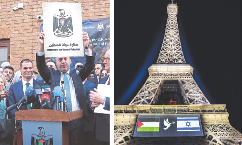 (LEFT) Husam Zomlot, head of Palestine&rsquo;s mission to the UK, holds a plaque with the words &lsquo;Embassy of the State of Palestine&rsquo; during a flag-raising ceremony outside their mission in west London; while (right) the Palestinian and Israeli flags are projected on the Eiffel Tower on the eve of France&rsquo;s planned recognition.&mdash;AFP