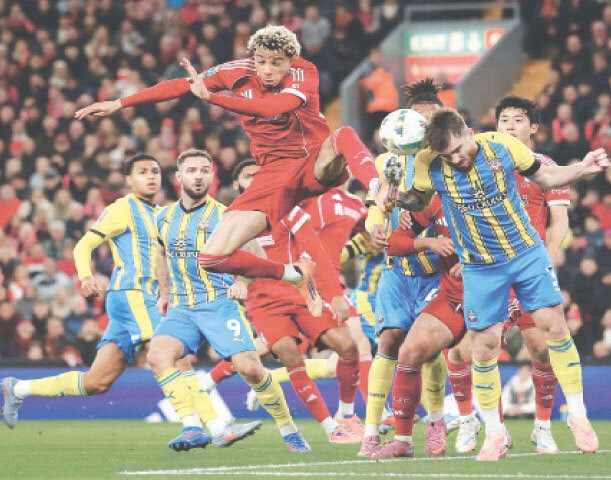  LIVERPOOL: Southampton&rsquo;s Ryan Manning (R) in action with Liverpool&rsquo;s Hugo Ekitike during their League Cup match at Anfield.&mdash;Reuters 