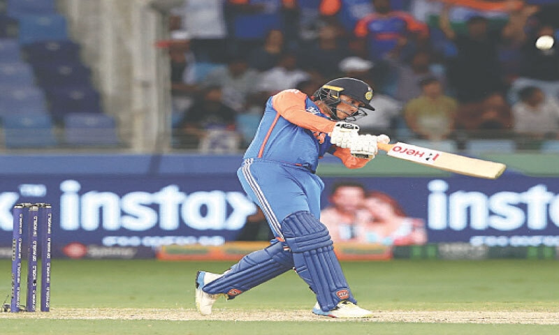 DUBAI: Indian opener Abhishek Sharma plays a shot during the Asia Cup Super Four match against Bangladesh at the Dubai International Cricket Stadium on Wednesday.&mdash;Reuters