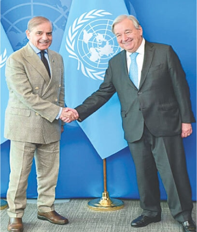PM SHEHBAZ Sharif meets United Nations Secretary General Antonio Guterres on the sidelines of the UNGA session.—APP