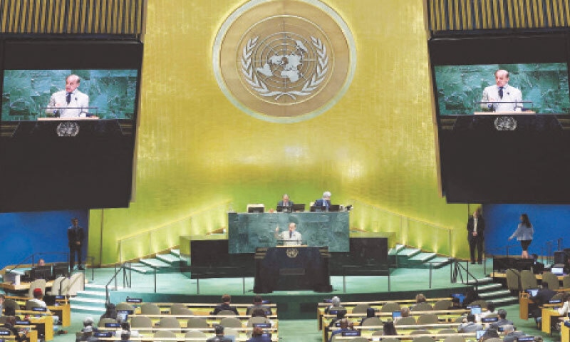 NEW YORK: Prime Minister Shehbaz Sharif addresses the 80th session of the United Nations General Assembly at its headquarters.—AFP NEW YORK: Prime Minister Shehbaz Sharif addresses the 80th session of the United Nations General Assembly at its headquarters.—AFP