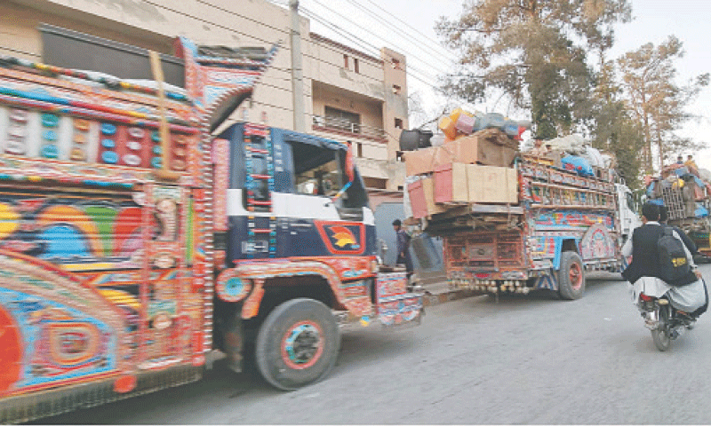 QUETTA: A convoy of Afghan refugees leaving for their homeland after getting clearance from the UNHCR Voluntary Repatriation Centre on Saturday.—PPI