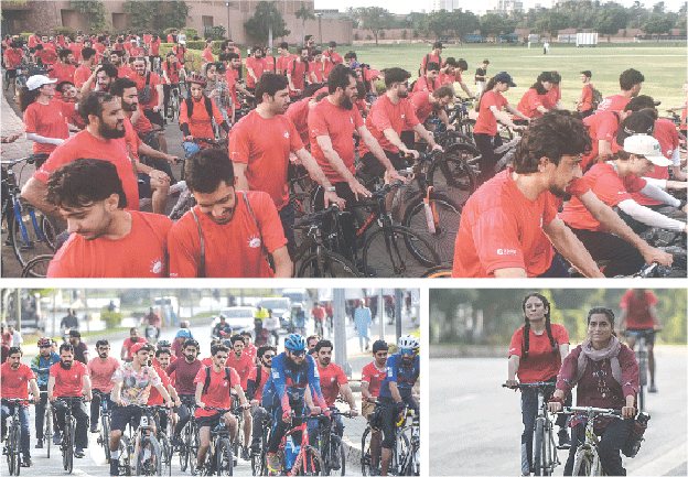 (Clockwise from top): Cyclists gear up for the journey at the Aga Khan University Hospital; women bikers pedal on mid-route; and participants close in on Boat Basin — their destination, where halwa puri awaits them.—Fahim Siddiqi / White Star