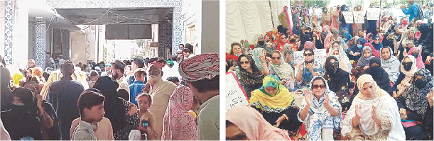  PATIENTS and their attendants desperately wait outside Sukkur Civil Hospital&rsquo;s locked OPD section for its reopening on Monday. (Right) Agitating employees hold a sit-in on press club road in Hyderabad.&mdash;Dawn 