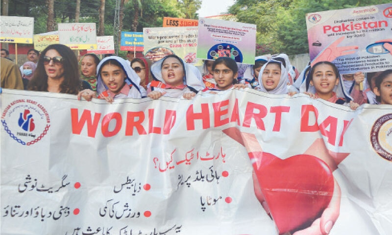 Civil Society activists stage a rally to mark the World Heart Day in Rawalpindi on Monday. &mdash; Online