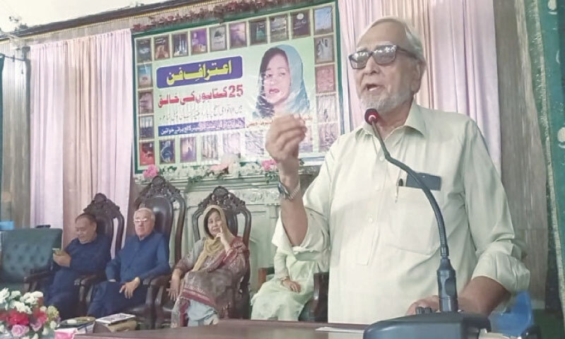 A SPEAKER addresses a literary event at GFCW, Peshawar. &mdash; Dawn