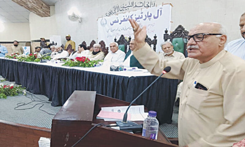 ANP provincial president Mian Iftikhar Hussain addresses the multi-party conference in Peshawar on Tuesday. &mdash; White Star