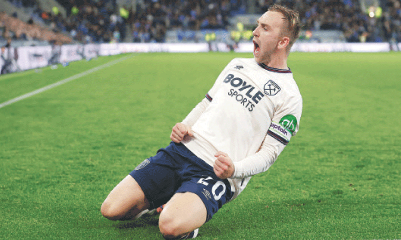 WEST Ham United&rsquo;s Jarrod Bowen celebrates scoring against Everton during their Premier League match at the Hill Dickinson Stadium.&mdash;Reuters