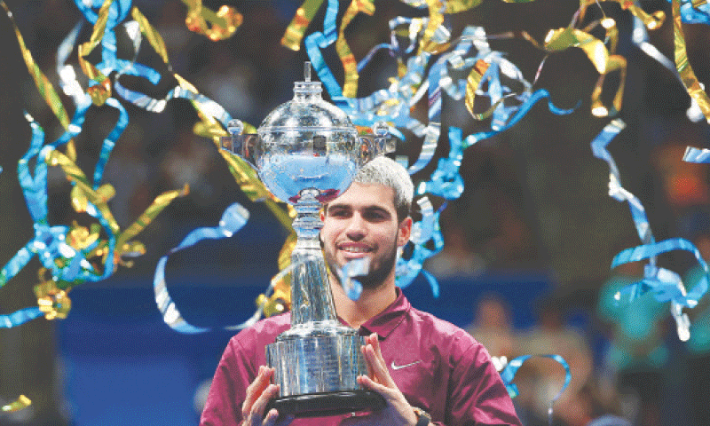 SPAIN&rsquo;S Carlos Alcaraz celebrates with the Japan Open trophy after winning the final against Taylor Fritz of the US at the Ariake Coliseum on Tuesday.&mdash;Reuters
