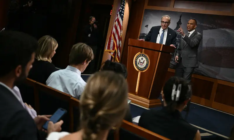 US House Minority Leader Hakeem Jeffries (R), D-NY, and Senate Minority Leader Chuck Schumer, D-NY, speak to reporters at the US Capitol in Washington, DC, on September 29, 2025, after meeting with Republican Leadership and US President Donald Trump about a potential government shutdown. — AFP US House Minority Leader Hakeem Jeffries (R), D-NY, and Senate Minority Leader Chuck Schumer, D-NY, speak to reporters at the US Capitol in Washington, DC, on September 29, 2025, after meeting with Republican Leadership and US President Donald Trump about a potential government shutdown. — AFP