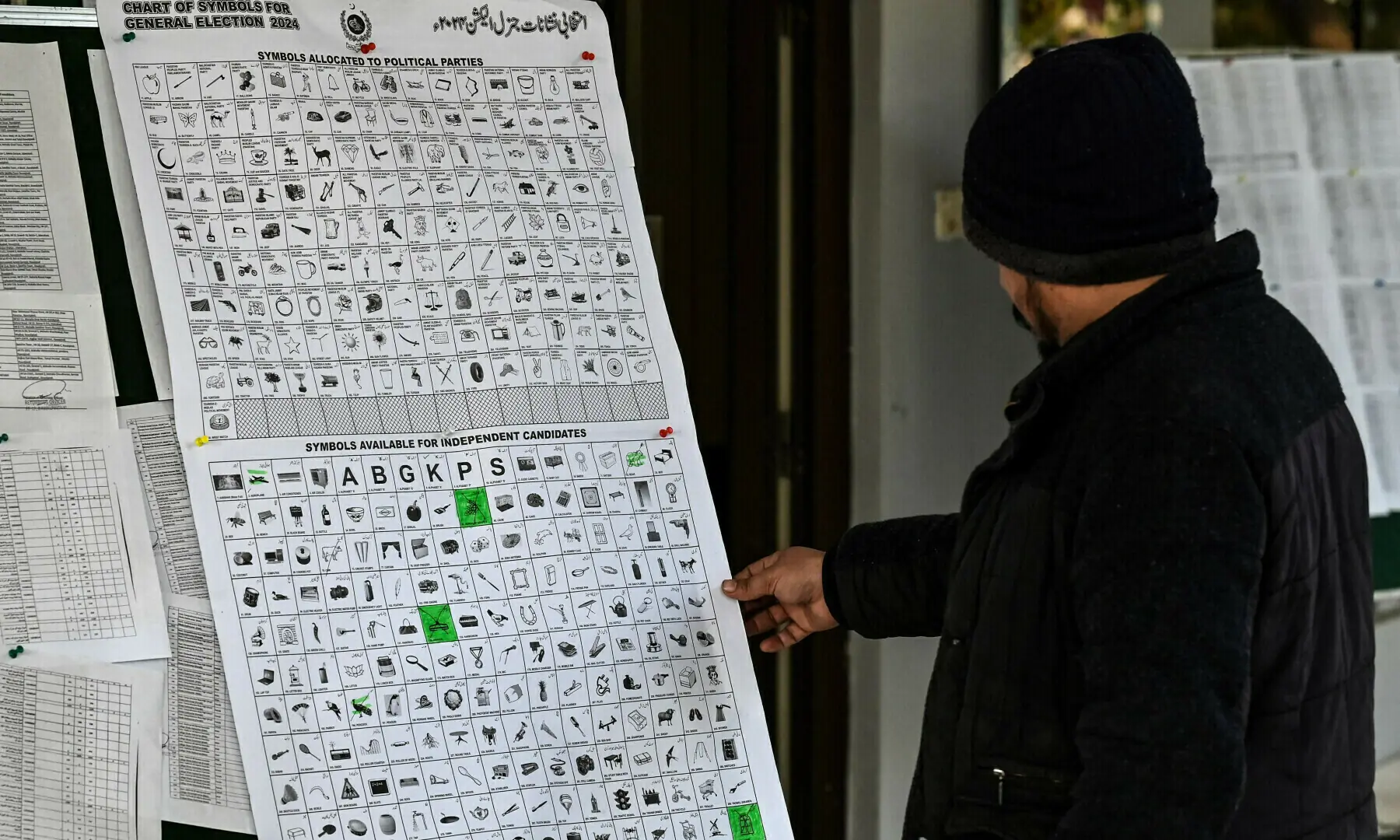 A man looks at a chart comprising symbols of political parties and independent candidates displayed at the election office in Rawalpindi on January 15, 2024 ahead of Pakistan’s upcoming general election. — AFP/File A man looks at a chart comprising symbols of political parties and independent candidates displayed at the election office in Rawalpindi on January 15, 2024 ahead of Pakistan’s upcoming general election. — AFP/File