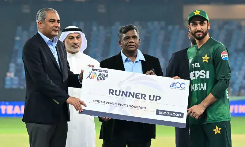 Pakistan’s captain Salman Agha (R) receives the runner up cheque from Asian Cricket Council (ACC) and Pakistan Cricket Board (PCB) chairman Mohsin Naqvi during the presentation ceremony at the end of the Asia Cup 2025 Twenty20 international cricket final match between India and Pakistan at the Dubai International Stadium in Dubai on September 28, 2025. — AFP Pakistan’s captain Salman Agha (R) receives the runner up cheque from Asian Cricket Council (ACC) and Pakistan Cricket Board (PCB) chairman Mohsin Naqvi during the presentation ceremony at the end of the Asia Cup 2025 Twenty20 international cricket final match between India and Pakistan at the Dubai International Stadium in Dubai on September 28, 2025. — AFP