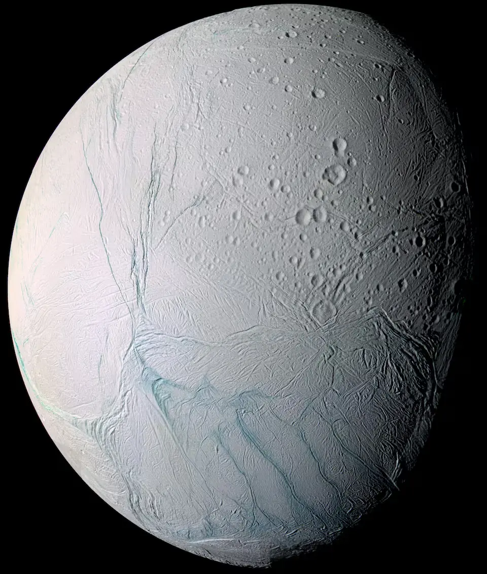 A mosaic image of Saturn’s moon Enceladus, composed from high-resolution pictures captured by NASA’s Cassini spacecraft during a 2005 flyby, shows the long fissures in the moon’s icy crust at its south pole that allows water from the subsurface ocean to spew into space. — NASA/JPL/Space Science Institute/Handout via Reuters