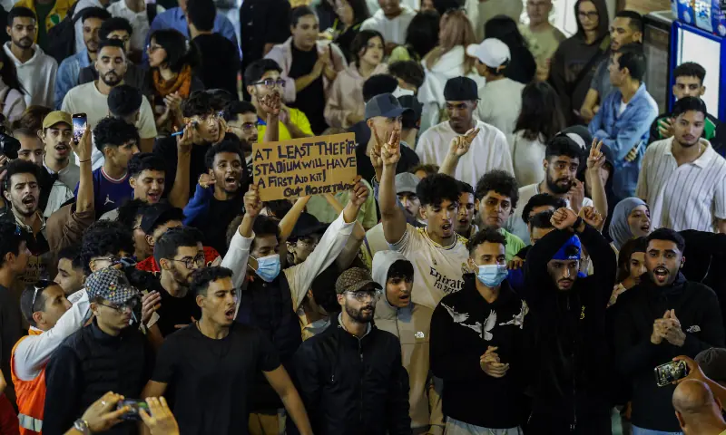 Protesters shout slogans during a youth-led demonstration in a market area in Rabat on September 29, 2025, calling for reforms in the public health and education sectors. &mdash; AFP