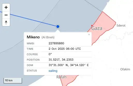  The location of Mikeno vessel, part of the Global Sumud Flotilla heading to Gaza, as of 11am PKT on Oct 2, 2025. &mdash; GSF live tracker 