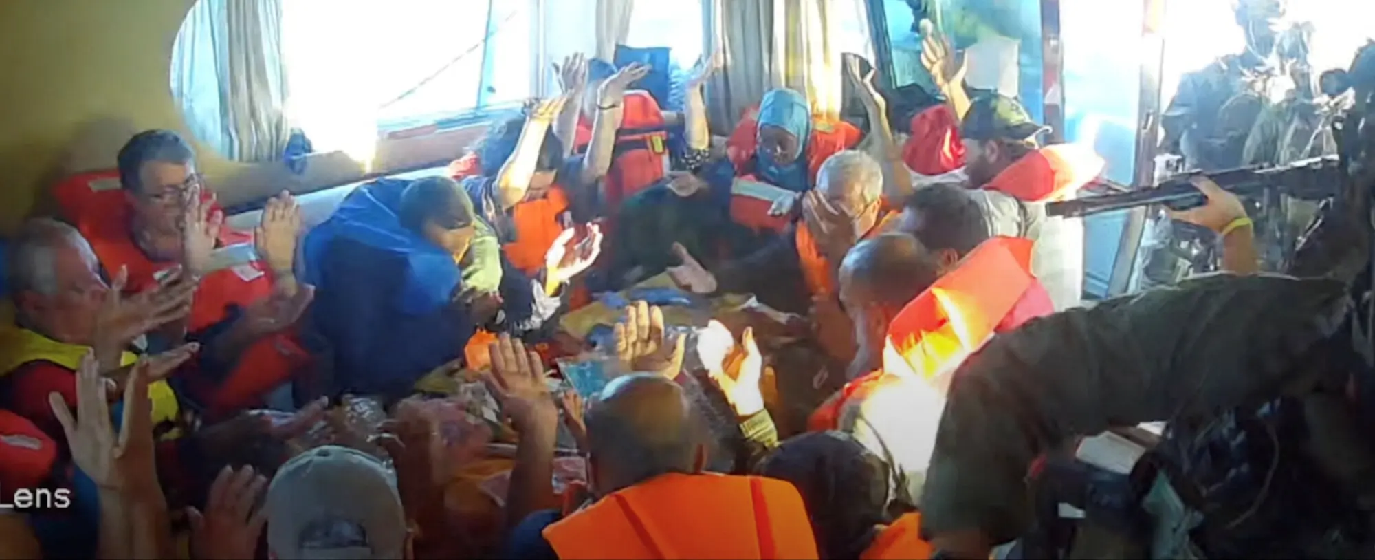  A screengrab from a live stream video shows Israeli navy forces aboard the Gaza-bound vessel Florida, part of the Global Sumud Flotilla, which flotilla organisers report has been intercepted on Oct 2, 2025. &mdash; Global Sumud Flotilla/Handout via Reuters 