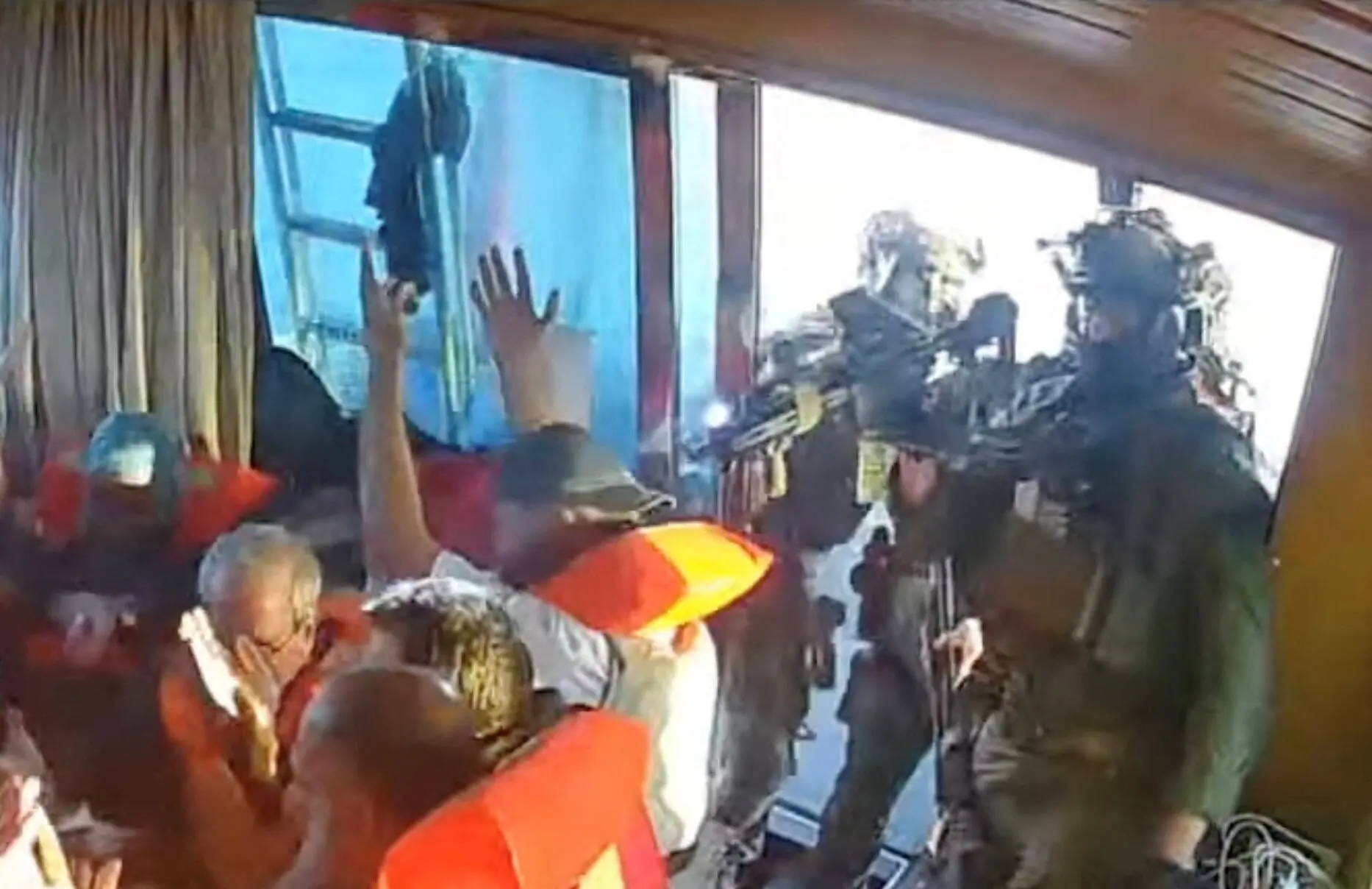  A screengrab from a live stream video shows Israeli navy forces aboard the Gaza-bound vessel Florida, part of the Global Sumud Flotilla, which flotilla organisers report has been intercepted on Oct 2, 2025. &mdash; Global Sumud Flotilla/Handout via Reuters 