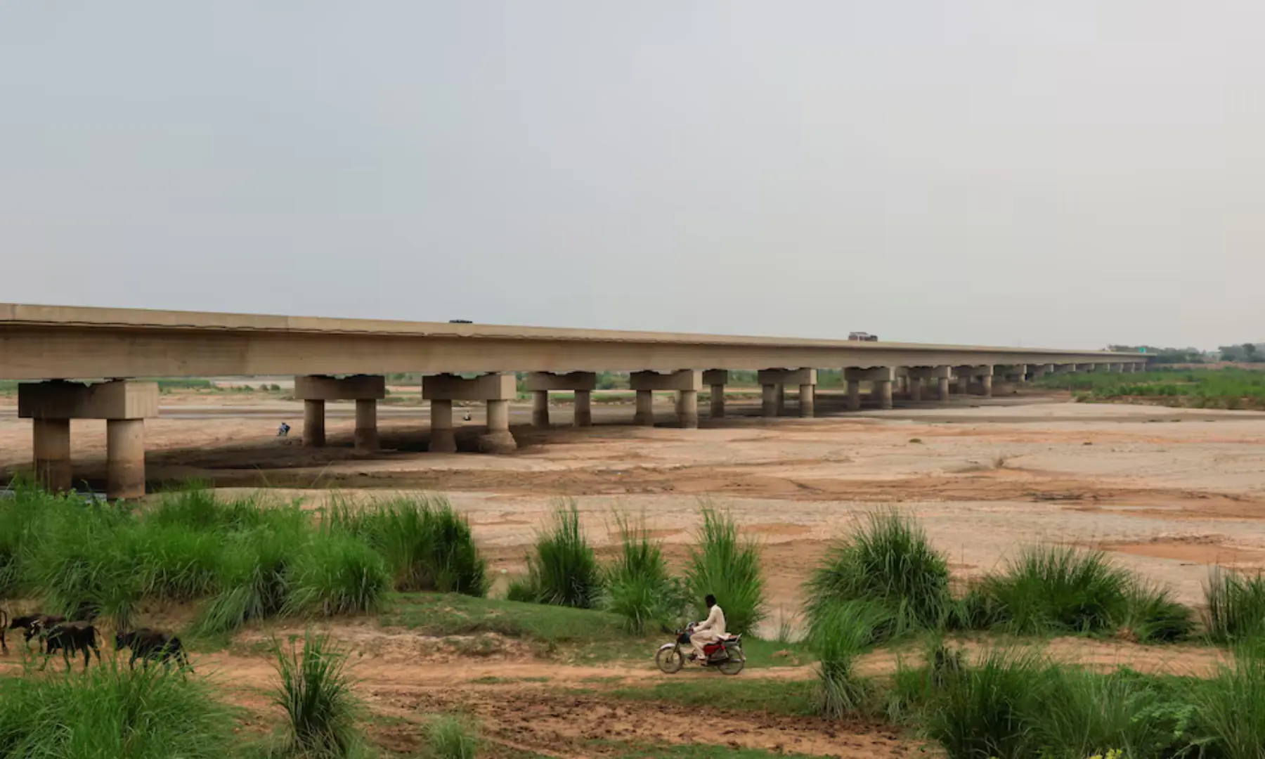 A person rides on motorbike by the dry river bed of Jhelum River in the background in Bhera, Sargodha District, in Punjab, on August 14. &mdash; Reuters