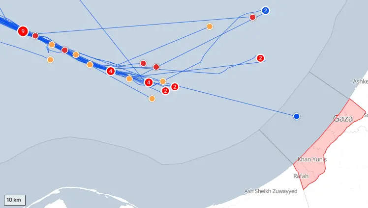 The location of various vessels, part of the Global Sumud Flotilla heading to Gaza, as of 1pm PKT on Oct 2, 2025. Those &ldquo;assumed intercepted&rdquo; are shown in yellow.  &mdash; GSF live tracker 