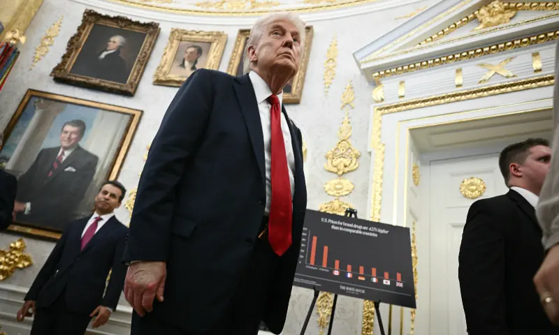 US President Donald Trump departs after making an announcement on prescription drugs in the Oval Office of the White House in Washington, DC, on September 30, 2025. &mdash; AFP