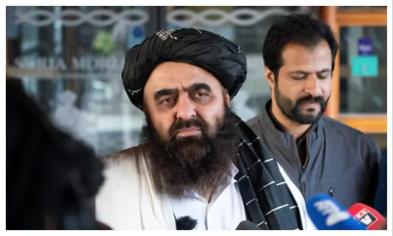 Acting Foreign Minister of Taliban Amir Khan Muttaqi gives statements to the press outside the Soria Moria hotel in Oslo, Norway January 24, 2022. &mdash; NTB/Terje Pedersen via Reuters