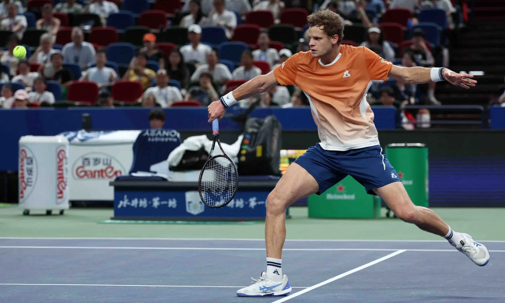 GERMANY&rsquo;S Yannick Hanfmann plays a return to Novak Djokovic of Serbia during their Shanghai Masters match at the Qizhong Forest Sports City Arena on Sunday.&mdash;Reuters