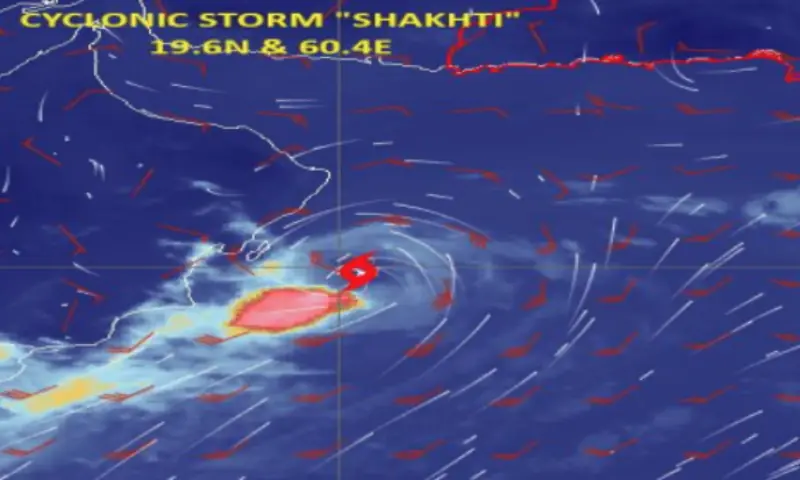 A satellite image showing cyclonic storm Shakhti over the Arabian Sea, taken at 10:30am on October 6. — PMD via X A satellite image showing cyclonic storm Shakhti over the Arabian Sea, taken at 10:30am on October 6. — PMD via X