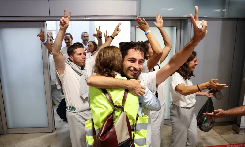  Some of the Spanish activists and politicians who were part of the Global Sumud Flotilla and were detained by Israeli forces, celebrate upon arrival at Adolfo Suarez Madrid-Barajas Airport in Madrid, Spain on Oct 5, 2025. &mdash; Reuters 