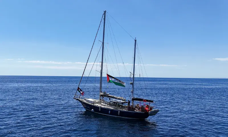 A drone view shows the Gaza-bound aid ship Madleen, organised by the international NGO Freedom Flotilla Coalition, anchored off the coast of Catania, Italy, on June 1, 2025. — Reuters