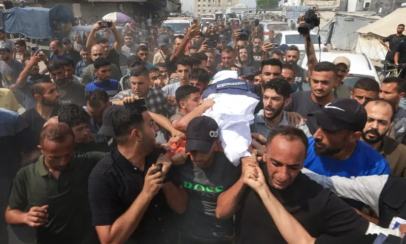Mourners carry the body of Al Jazeera journalist Anas Al Sharif, during the funeral for him, Mohammed Qreiqeh, Ibrahim Zaher, Mohammed Noufal and another colleague, who were killed in an Israeli strike, in Gaza City, on August 11, 2025. — Reuters