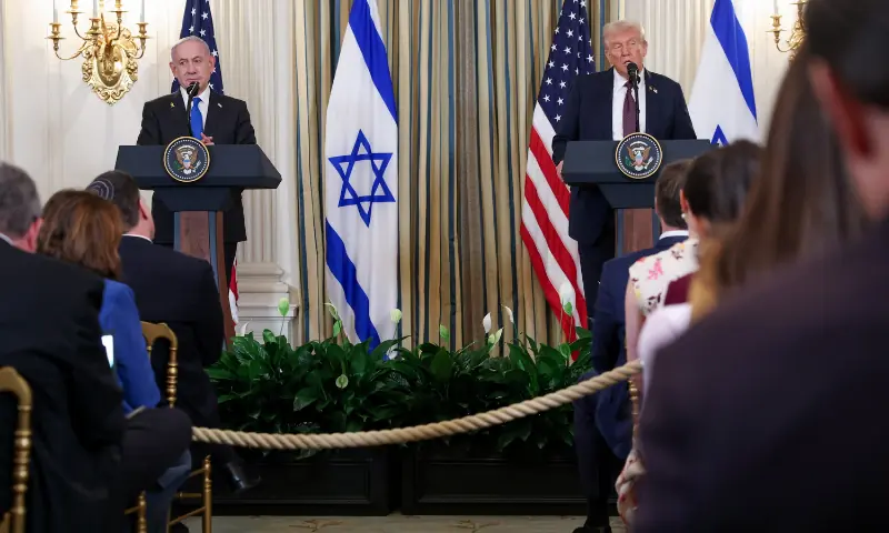 US President Donald Trump and Israeli Prime Minister Benjamin Netanyahu hold a joint press conference in the State Dining Room at the White House in Washington, DC, US, on September 29, 2025. — Reuters