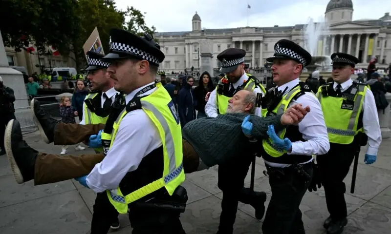 A protester is taken away by police officers at a lLift The Ban demonstration in support of the proscribed group Palestine Action, calling for the recently imposed ban to be lifted, in Trafalgar Square, central London,’the UK on October 4. — AFP A protester is taken away by police officers at a lLift The Ban demonstration in support of the proscribed group Palestine Action, calling for the recently imposed ban to be lifted, in Trafalgar Square, central London,’the UK on October 4. — AFP