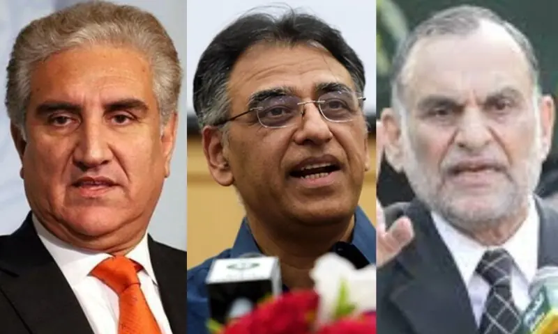 Collage of Shah Mahmood Qureshi, Asad Umar and Azam Swati. &mdash; DawnNewsTV