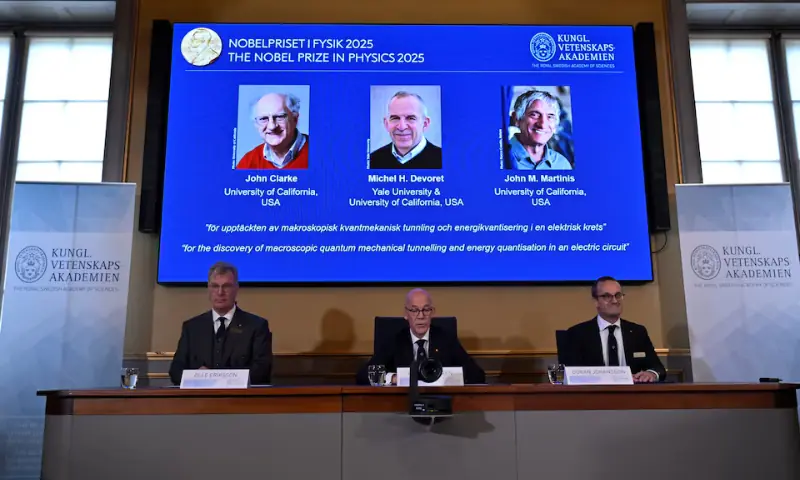 John Clarke, Michel H Devoret and John M. Martinis are announced this year&rsquo;s Nobel Prize winners in Physics, by the Royal Swedish Academy of Sciences at a press conference in Stockhom, Sweden, Oct 7. &mdash; Reuters