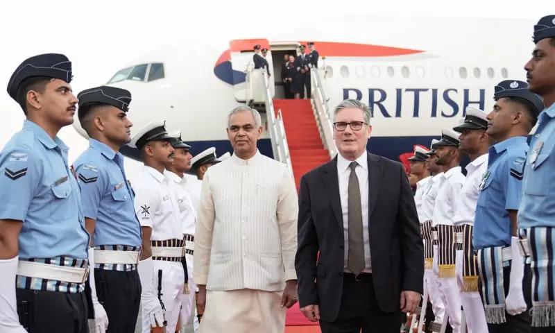 Britain&rsquo;s Prime Minister Keir Starmer (R) arrives at Chhatrapati Shivaji Maharaj International Airport in Mumbai on October 8. &mdash; AFP