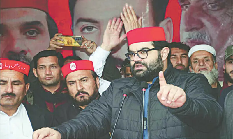 Aimal Wali addresses a public meeting in Shangla on Thursday. &mdash; Dawn
