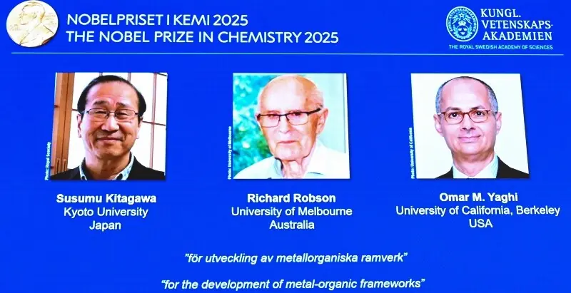A photo taken on October 8, 2025 shows a screen with photos of the winners of the 2025 Nobel Prize in Chemistry. — AFP A photo taken on October 8, 2025 shows a screen with photos of the winners of the 2025 Nobel Prize in Chemistry. — AFP