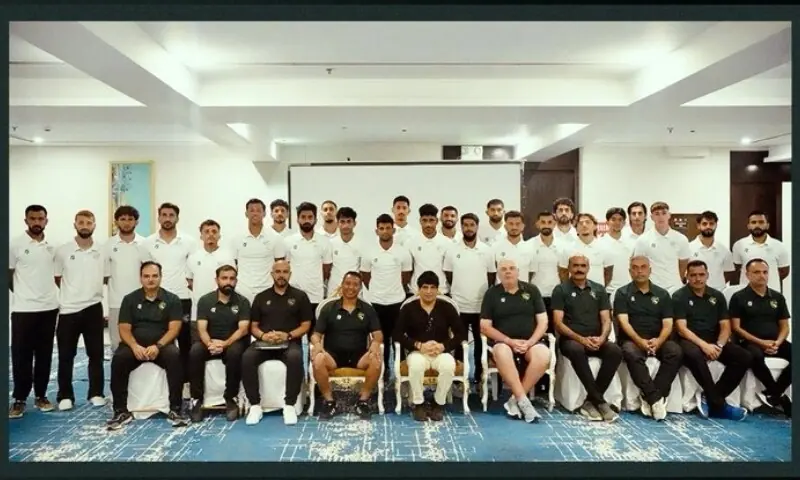 Pakistan Football Federation President Mohsen Gilani meets the final 25-man Pakistan squad selected for the match against Afghanistan. &mdash; Photo courtesy PFF/X
