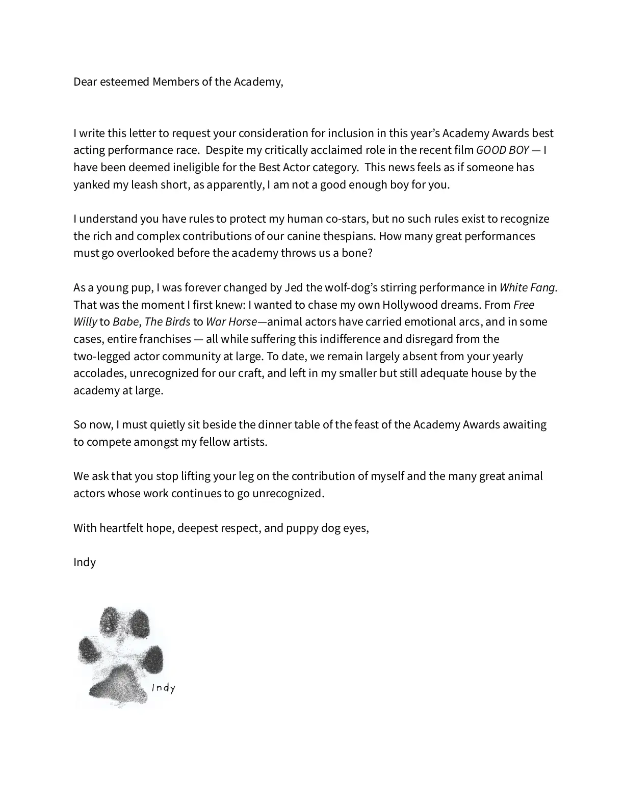  Indy&rsquo;s letter to the Academy of Motion Picture Arts and Sciences via <em>Variety</em> 