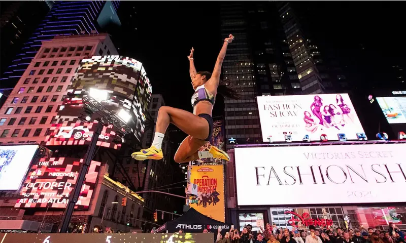 Olympic and world champion Tara Davis-Woodhall competes in the women&rsquo;s long jump at Times Square, New York on October 9, 2025. &mdash; Photo via Instagram/athlos