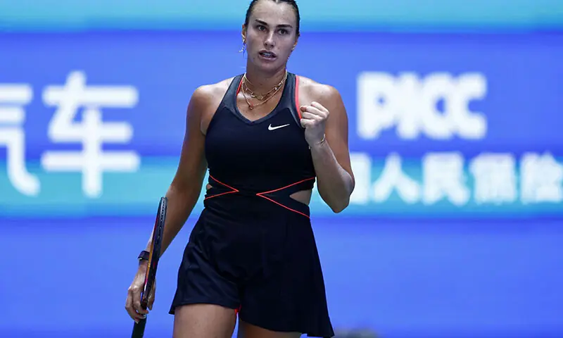 Belarus&rsquo; Aryna Sabalenka reacts during her quarter final match against Kazakhstan&rsquo;s Elena Rybakina at the Valley International Tennis Centre in  Wuhan, China on October 10, 2025. &mdash; Reuters