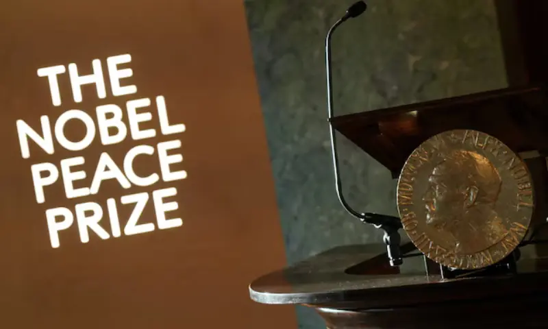 A replica of the Nobel Peace Medal is placed at the Norwegian Nobel Institute, where the laureate of the Nobel Peace Prize is announced, in Oslo, Norway, on October 10. &mdash; Reuters