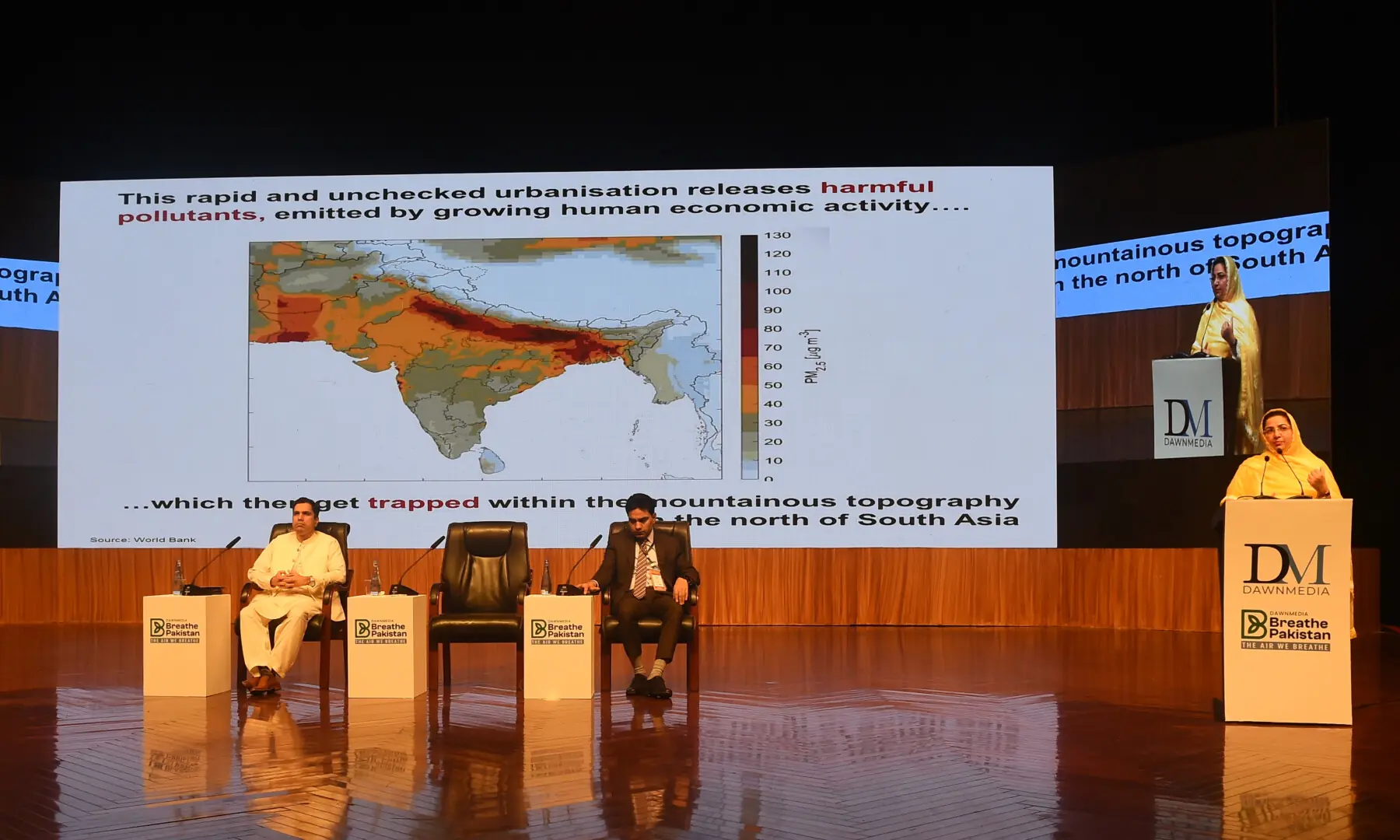 Silwat Saeed, secretary of Punjab’s Environment Protection and Climate Change Department, gives a presentation. Punjab EPA Director General Dr Imran Hamid Sheikh and Tariq Hussain, project director of Punjab Green Development Programme’s Strategic Planning and Implementation Unit, are also present on the stage. — Murtaza Ali / White Star