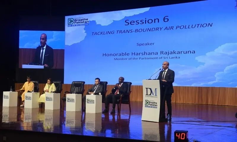 Sri Lanka MP Harshana Rajakaruna speaks at the Breathe Pakistan conference in Lahore. — Murtaza Ali / White Star