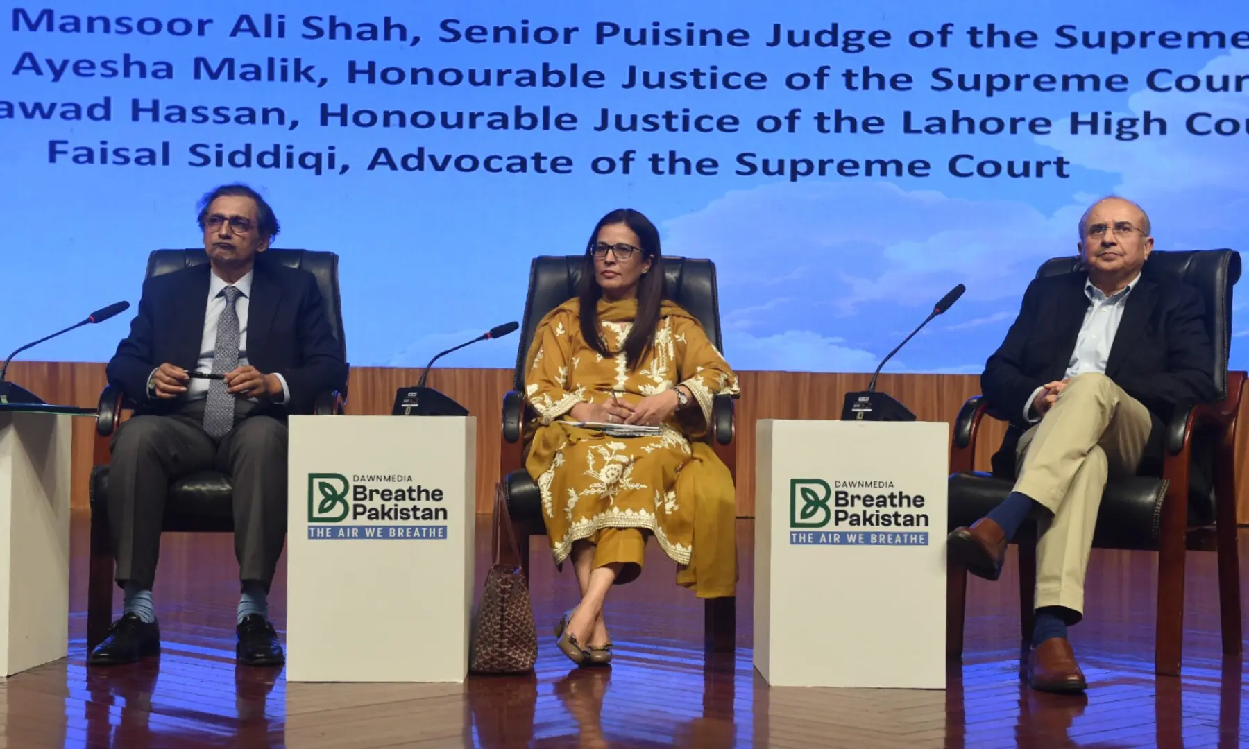 Senior lawyer Faisal Siddiqi (not pictured) moderates a discussion featuring SC&rsquo;s Senior Puisne Judge Justice Syed Mansoor Ali Shah and Justice Ayesha Malik, and LHC&rsquo;s Justice Jawad Hassan at a Breathe Pakistan conference in Lahore on Oct 11, 2025. &mdash; Murtaza Ali / White Star