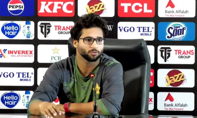 Pakistan opener Imam-ul-Haq speaks in Lahore after the first day of a Test match between Pakistan and South Africa on October 12. &mdash; Photo courtesy PCB/X