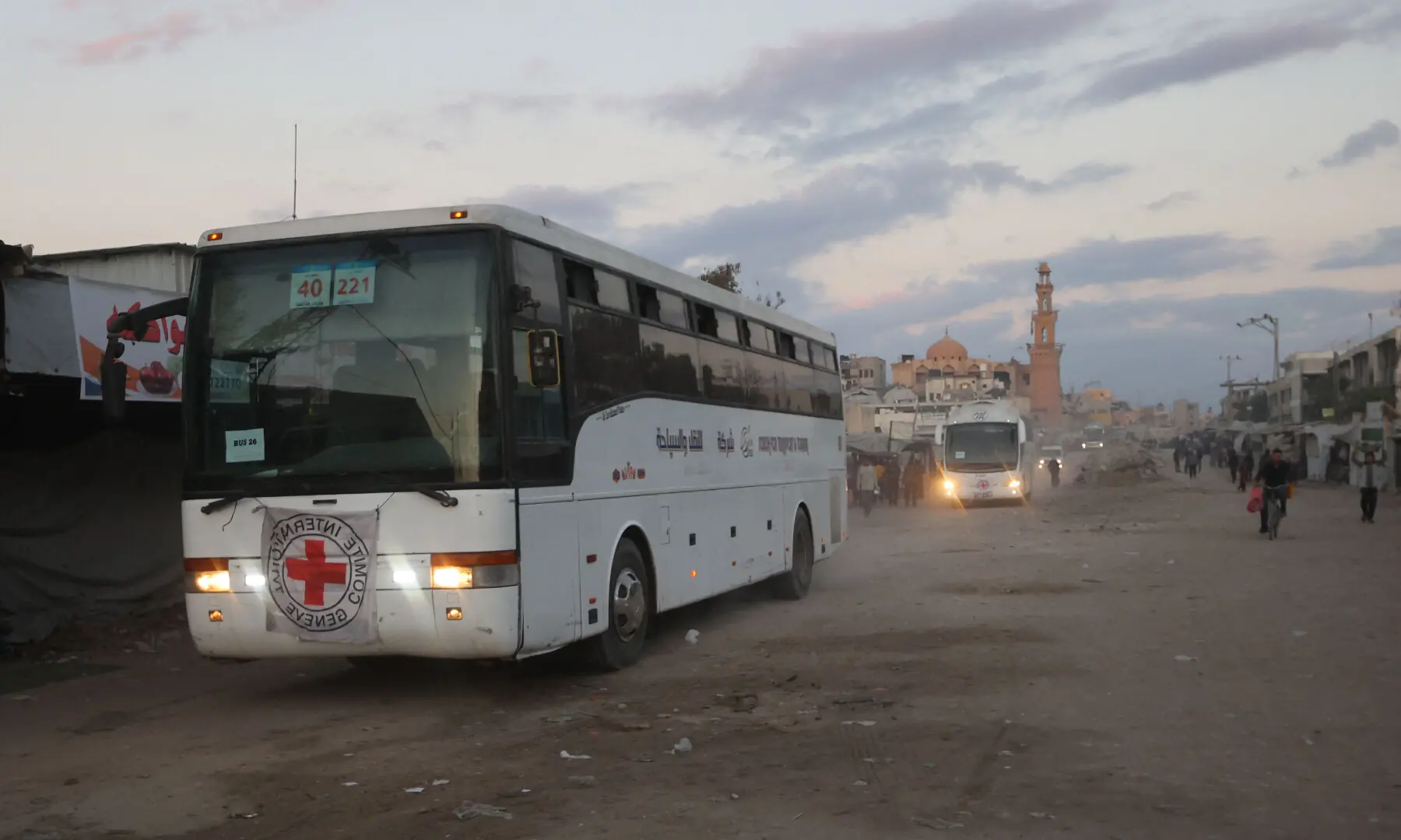 Buses with the International Red Cross emblem on them move towards the eastern Gaza Strip from Khan Younis in southern Gaza on Oct 13, 2025, ahead of the release of Israeli hostages held by Hamas since the October 7 attacks two years ago. — AFP