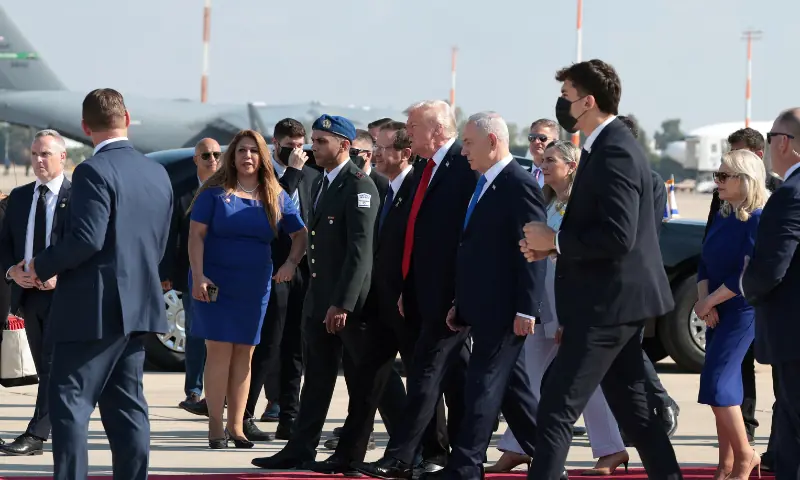 Israeli Prime Minister Benjamin Netanyahu walks with US President Donald Trump and Israeli President Isaac Herzog at Ben Gurion International Airport, amid a US-brokered prisoner-hostage swap and ceasefire deal between Israel and Hamas, in Lod, Israel, on October 13, 2025. &mdash; Reuters