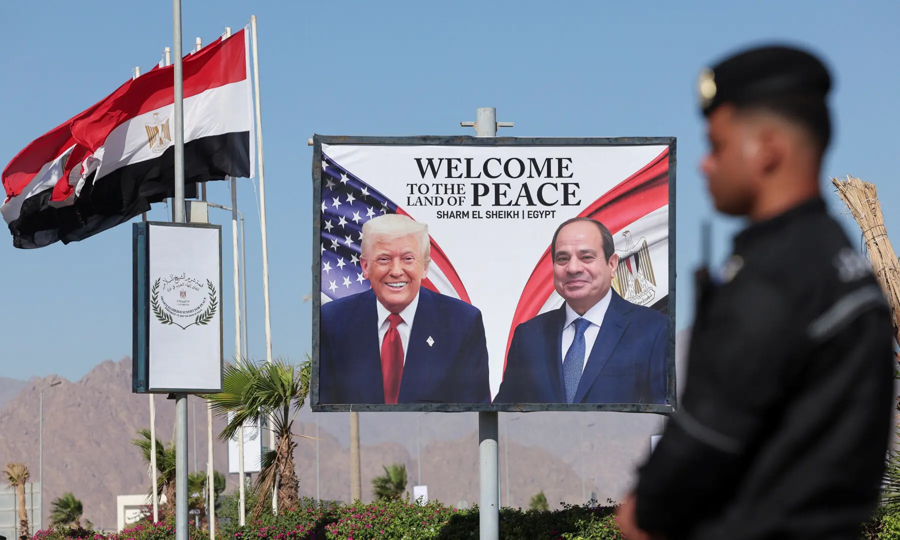 A poster with the US and Egyptian presidents is displayed at Peace Square, ahead of an international summit on Gaza, held amid a ceasefire between Israel and Hamas, at Egypt’s Red Sea resort of Sharm el-Sheikh on Oct 13, 2025. — Reuters